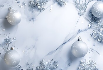 Sophisticated Minimalist Christmas: Frosted Crystal Ornaments with Silver Tinsel on White Marble