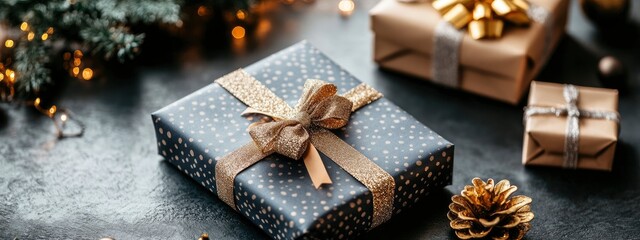 Fototapeta premium Christmas gift boxes with ornaments and decorations on blue background with bokeh. magical atmosphere, New Year's celebration. banner 