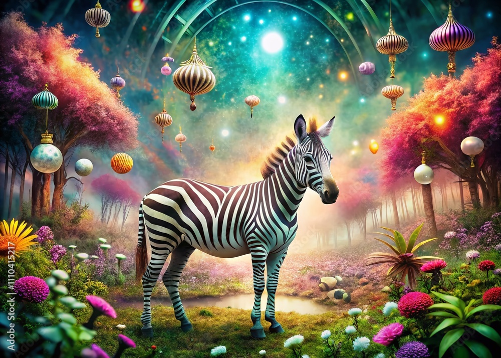 Poster surreal photography of a dreamlike landscape featuring a zabra in a whimsical forest with floating o