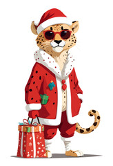 Obraz premium Panther In Santa Costume Adorable Funny Christmas Holiday Pet Illustration