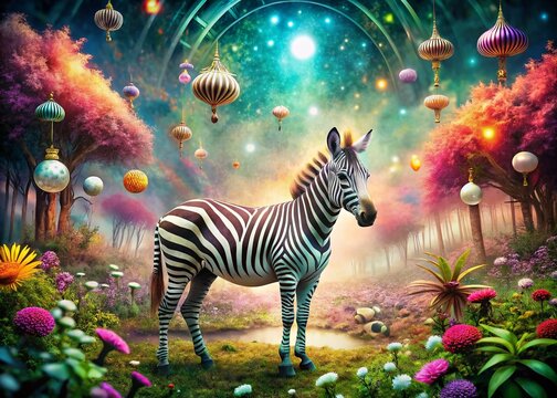 Surreal Photography of a Dreamlike Landscape Featuring a Zabra in a Whimsical Forest with Floating Objects and an Ethereal Atmosphere
