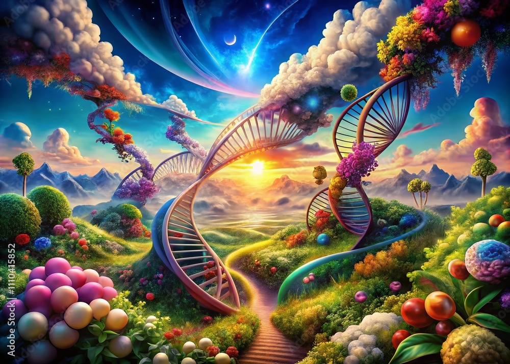 Poster surreal representation of genotypic ratios with colorful dna strands and genetic symbols intertwined