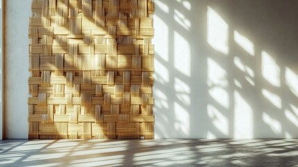 A modern interior featuring a woven wood wall casting intricate shadows on a minimalist space.