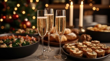 Cozy Christmas Eve Dinner, Sparkling wine, delicious food, warm lights, and festive cheer