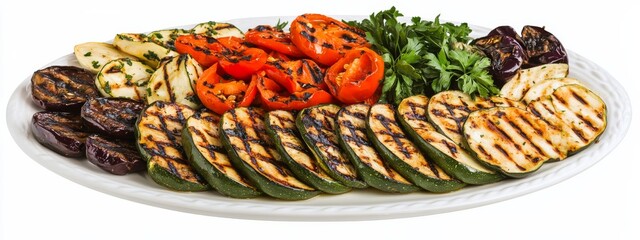 A platter of grilled mixed vegetables: eggplant, zucchini, and bell peppers
