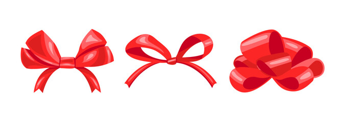 Red satin ribbon bows. Set of vector cartoon flat illustrations.