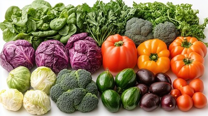 Macro photography of fresh vegetables neatly arranged on white background