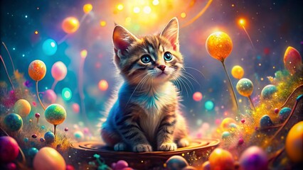 Surreal Scene of a Little Kitty Enchanted by Music Notes Dancing in the Air, Surrounded by Dreamy Landscapes and Whimsical Elements for a Magical Atmosphere