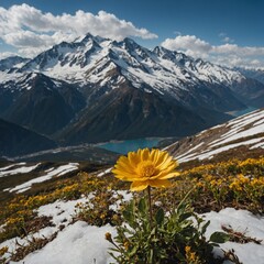 A golden flower on a mountainside, with snow-capped peaks in the distance.