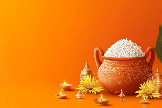 Golden pot with white pearls, surrounded by glowing candles, vibrant orange background, decorative yellow flowers, petals scattered, warm and festive atmosphere, soft lighting.
