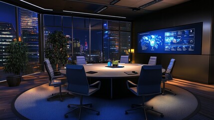 Modern conference room with a round table, large windows, and high-tech displays in an urban setting.