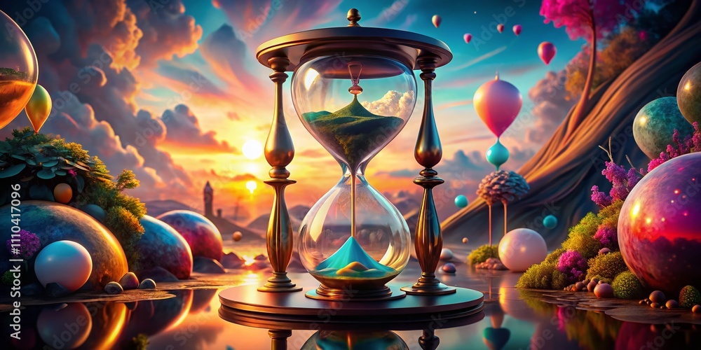 Poster surreal time: a dreamlike scene of an hourglass melting over a timer, with whimsical elements and ab