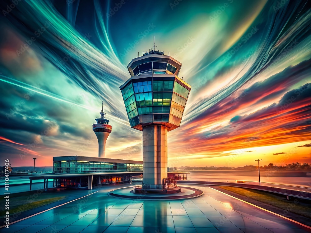 Aufkleber surreal view of an airport control tower adjacent to a modern terminal, blending realities with drea