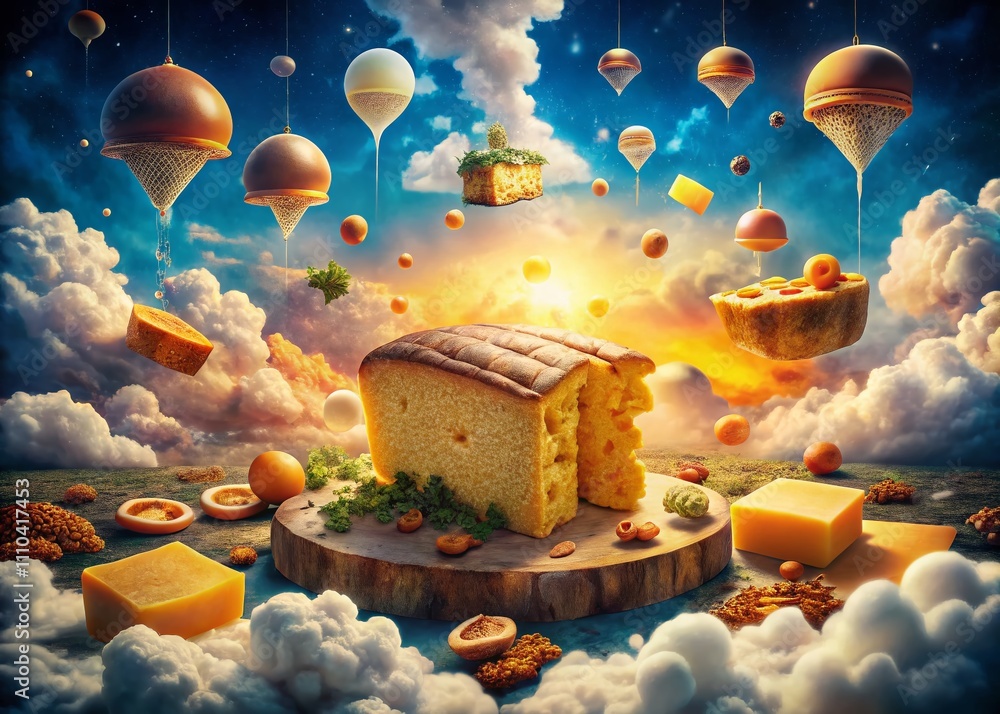Poster surreal view of baked cheddar bread surrounded by dreamlike elements and whimsical colors, blending 