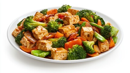 Delicious stir-fried tofu and vegetables on a white plate, white isolate background. Flexitarian food concept