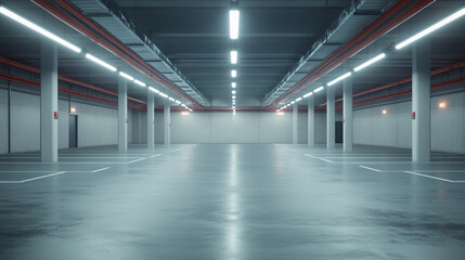 A clean, spacious parking garage with no vehicles, featuring smooth concrete flooring and bright fluorescent lights. The neatly painted parking lines create a sense of order, while the ceiling beams