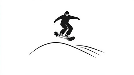 Snowboarder Silhouette Jumping Over Snowy Hills in Winter Landscape