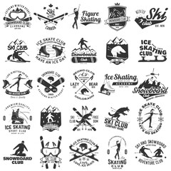 Ski, Ice Skate and Snowboard Club emblem. Vector. Concept for shirt, print, stamp, badge or tee. Vintage typography design with snowboarder, skate, skates blades and skier silhouette. Winter sport