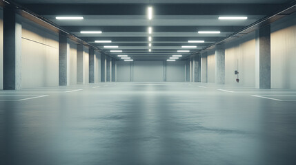 Obraz premium A large, empty car park bathed in uniform, cool-toned lighting. The concrete floor is spotless, with white parking lines stretching into the distance. Support pillars and ventilation ducts in the