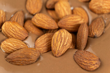 Almond nuts in melted milk chocolate macro