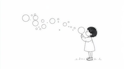 Child Blowing Bubbles in a Minimalist Artistic Black and White Style
