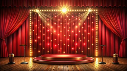 Theatre Stage with Spotlights and Podium, Perfect for Stand-Up Comedy Performances, Featuring a Rich Red Curtain for Dramatic Effect and Ample Copy Space for Text Insertion