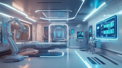 Futuristic operating room with robotic arm, digital displays, and sleek medical equipment.