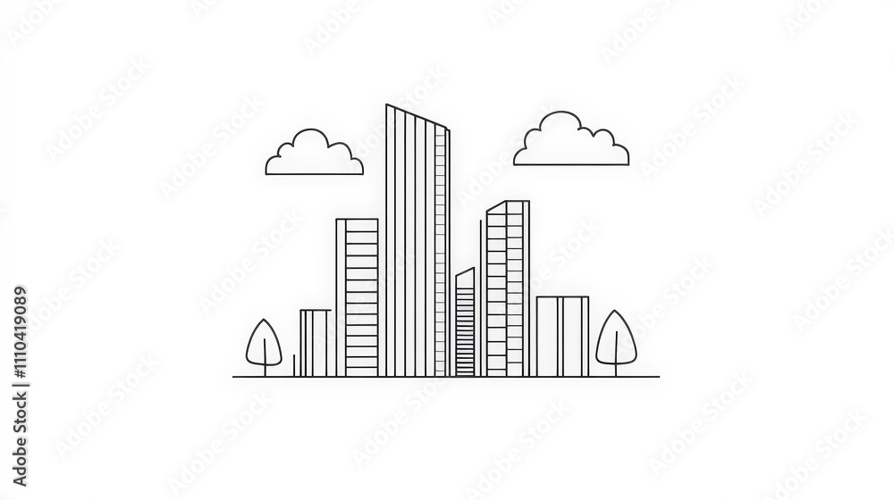 Poster modern city skyline outline with clouds and trees in minimal style
