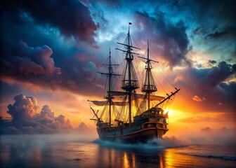 The Pirate Ship's Ominous Approach: A Documentary Capture of a Weathered Vessel Cloaked in Mystery, Sailing Through Foggy Waters at Dusk with Tattered Sails and a Dark Horizon