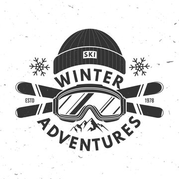 Winter adventures. Vector ski club retro badge. Concept for shirt, print, seal or stamp with mountain, ski glasses, winter sport hat. Family vacation, activity or travel. For logo design, patches