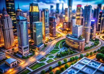 Tilt-Shift Photography Depicting the Concept of Technological Advancement with a Miniature Cityscape Featuring Innovative Buildings and Smart Infrastructure Elements