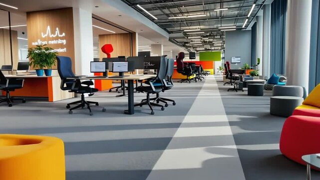Modern coworking space with colorful furniture and desks