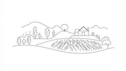 Minimalist Landscape Illustration of Farmhouse with Fields and Trees