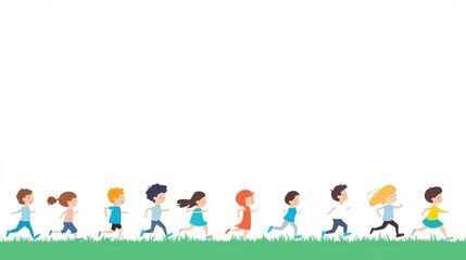 Fototapeta premium Colorful Illustration of Children Running on a Green Grass Field