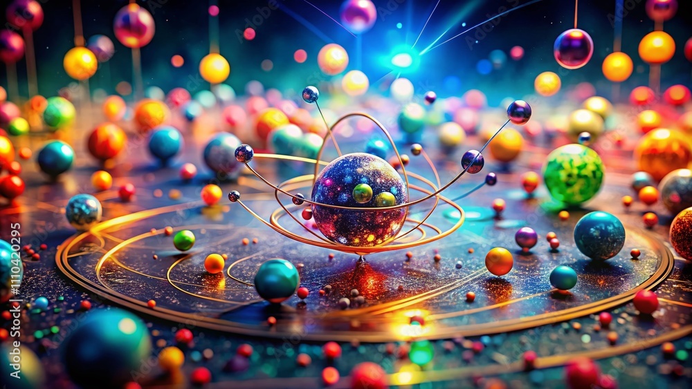Poster tilt-shift photography of negatively charged subatomic particles in a creative abstract setting with