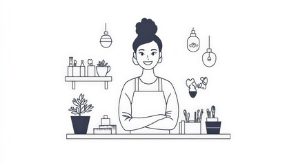 Fototapeta premium Smiling woman in apron standing behind a creative workspace table