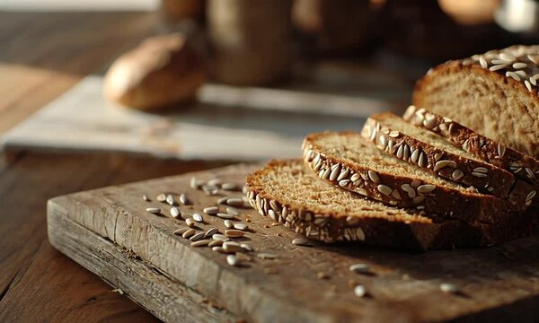 Sliced multigrain bread with sunflower seeds on rustic wooden board.