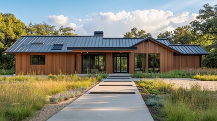 Obraz premium Modern house with a sleek design surrounded by natural landscaping and a concrete pathway.