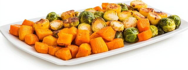 A platter of roasted fall vegetables: butternut squash, Brussels sprouts, and carrots