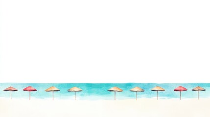 Obraz premium Colorful Beach Umbrellas on Sandy Shore with Clear Blue Water