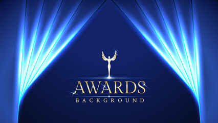 Blue awards graphic background with light neon effects with bokeh decorations. Luxury scene corporate design concept. Vector illustrations.