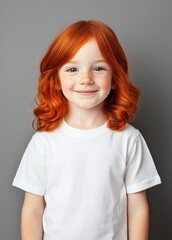 Smiling child with curly red hair, wearing a plain white t-shirt, against a grey background.