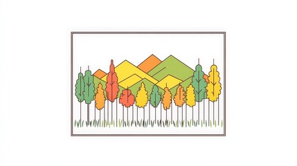 Colorful Line Art of Trees and Mountains in a Minimalist Style