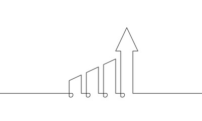 Graph line art.  Illustration vector of business growth icon. Single line art of bar chart. Continuous line drawing of increasing arrow up. Object one line sign symbol