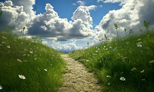 A grassy path meandering through wildflowers under a bright, cloudy sky.