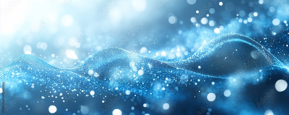 Poster abstract blue wave with sparkling particles and bokeh lights.