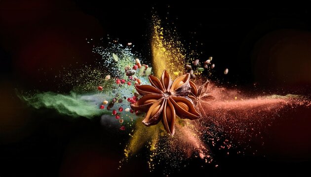 A vibrant explosion of spices and colors, showcasing star anise surrounded by a burst of colorful powder and particles against a dark background.