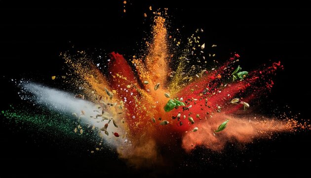 A vibrant explosion of colored powders and spices against a dark backdrop, creating a dynamic and artistic visual effect.