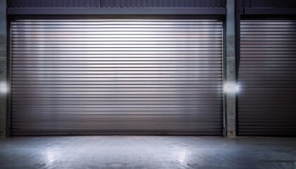 A sleek, metallic garage door illuminated by lights, set in an industrial space, showcasing a...