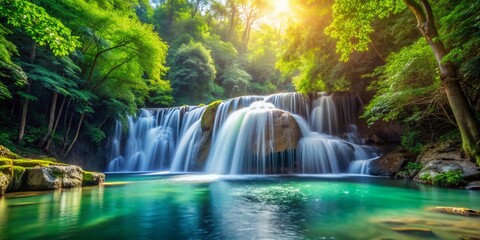 Tranquil Waterfall Cascading into Clear Pool Surrounded by Lush Greenery with Ample Copy Space for Nature and Landscape Themes
